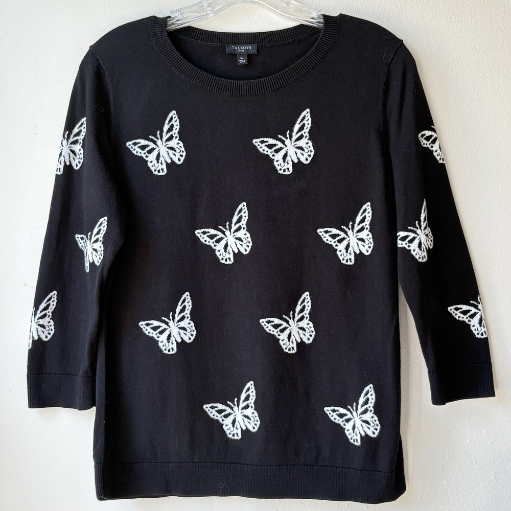 Talbots Crewneck Sweater MP Black White Butterflies Overall Print Spring Preppy - Picture 2 of 5